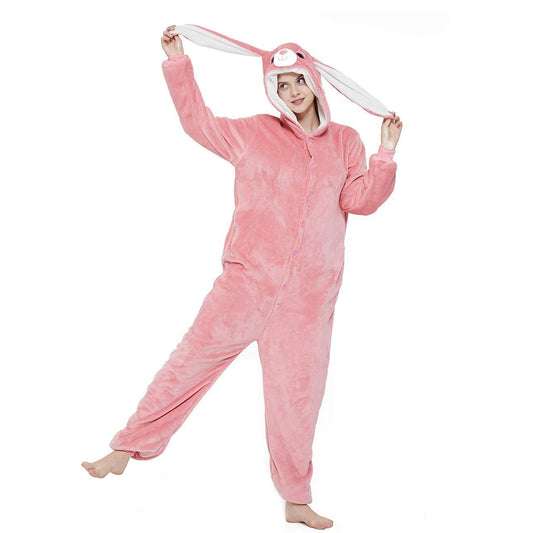 Women Bunny Costume Pink Furry Hooded Bunny Onesie Cute Rabbit Pajama