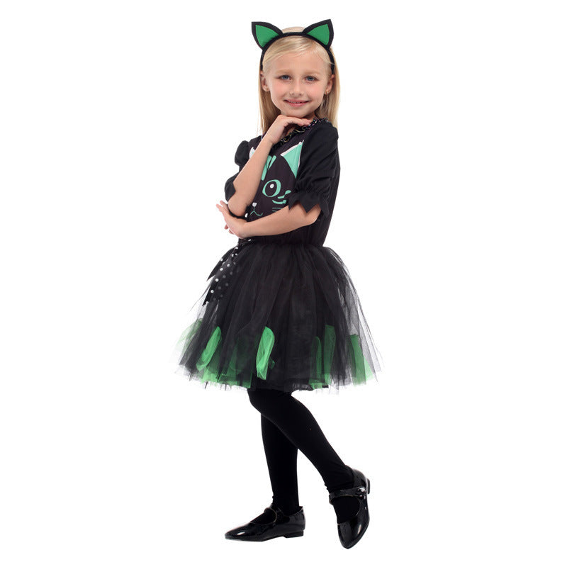 Kids Cat Costume Black Kitty Dress and Headband Girls Cat Cosplay Costume