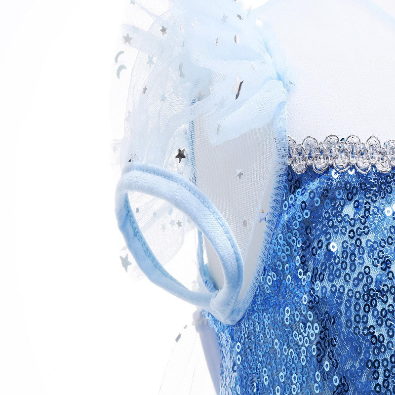 Vestido de princesa de Elsa para niñas, vestido luminoso con copo de nieve y cola, vestido de fiesta de cumpleaños