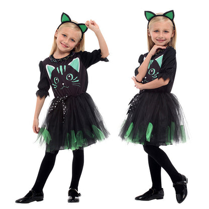 Kids Cat Costume Black Kitty Dress and Headband Girls Cat Cosplay Costume