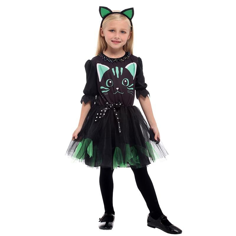 Kids Cat Costume Black Kitty Dress and Headband Girls Cat Cosplay Costume