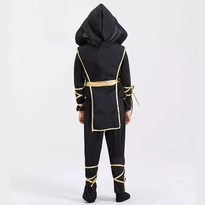 Kids Samurai Ninja Costume Black Hooded Top with Pants and Golden Dragon Emblem