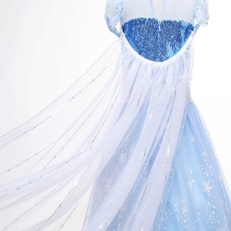 Vestido de princesa de Elsa para niñas, vestido luminoso con copo de nieve y cola, vestido de fiesta de cumpleaños