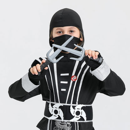 Kids Samurai Ninja Costume Black jumpsuit and Face Maks with Hood