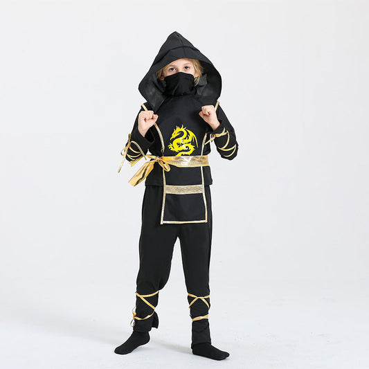 Kids Samurai Ninja Costume Black Hooded Top with Pants and Golden Dragon Emblem