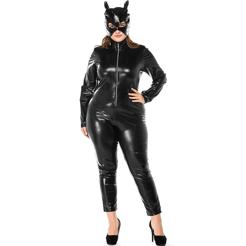 Plus Size Women Catsuit Gloss Leather Super Heroine Fullbody Black Cat Costume