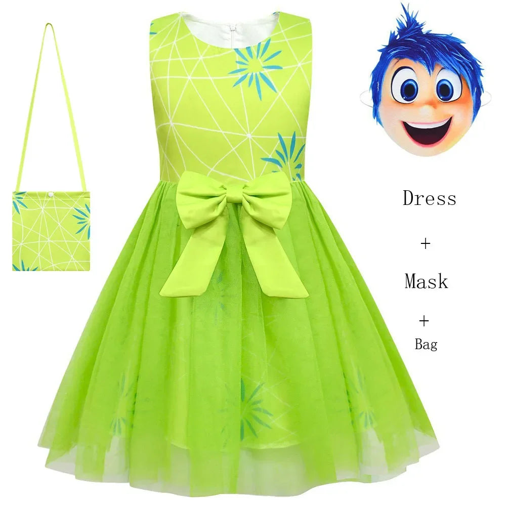 Disfraz de Cosplay de Alta Calidad de Alegría de Inside Out, Vestido de Princesa con Lazo, Peluca/Máscara, Vestido de Disfraz de Asco de la Película para Niñas, Halloween, Carnaval, Cumpleaños