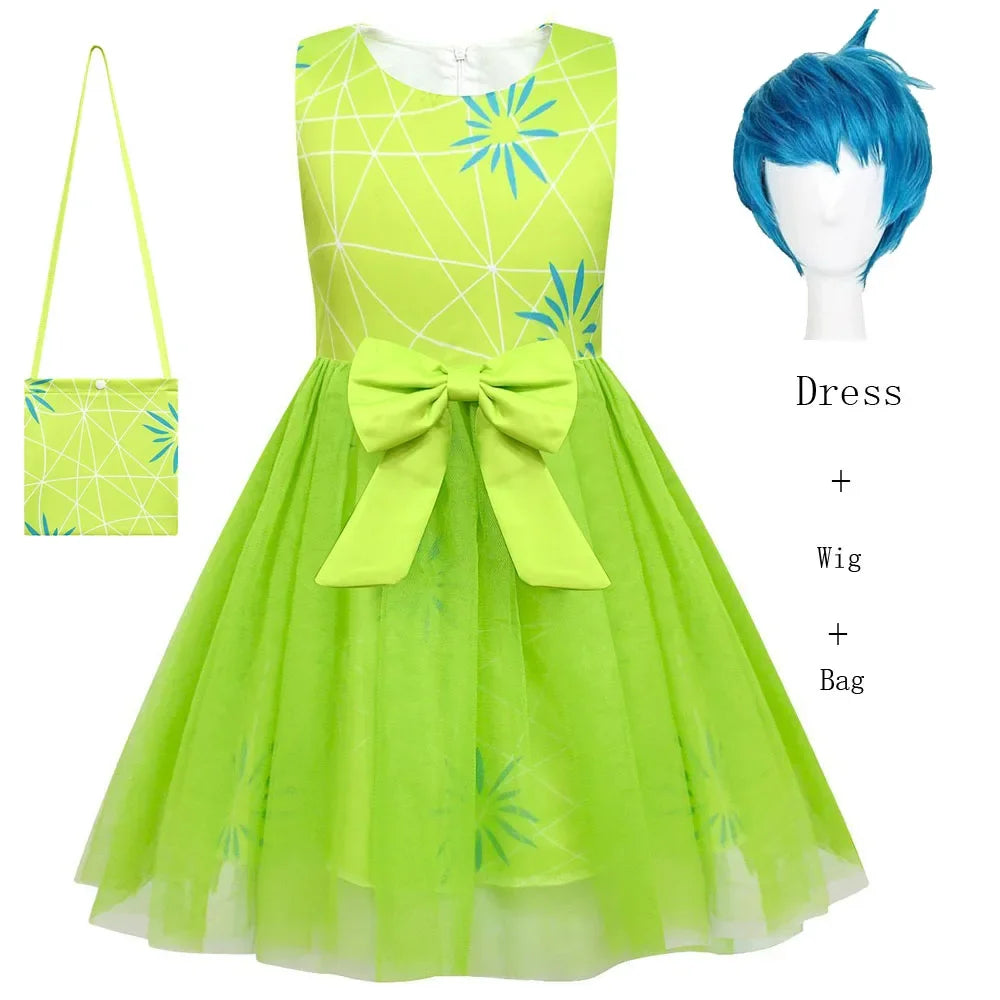 Disfraz de Cosplay de Alta Calidad de Alegría de Inside Out, Vestido de Princesa con Lazo, Peluca/Máscara, Vestido de Disfraz de Asco de la Película para Niñas, Halloween, Carnaval, Cumpleaños
