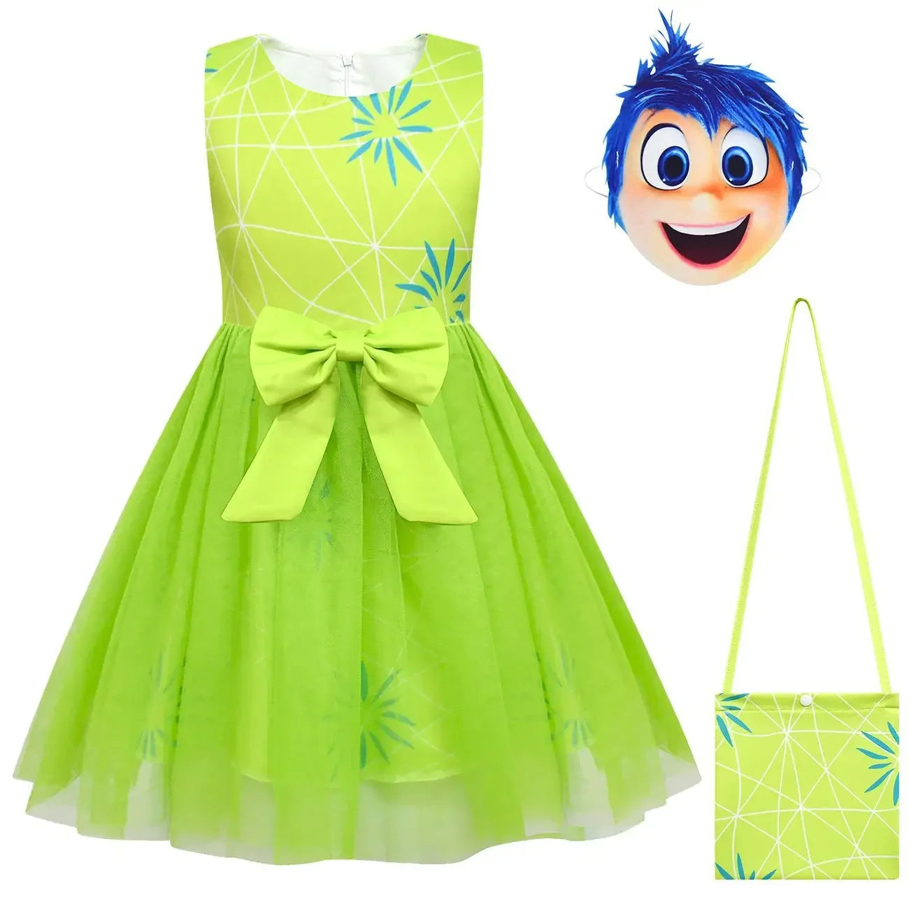 Disfraz de Cosplay de Alta Calidad de Alegría de Inside Out, Vestido de Princesa con Lazo, Peluca/Máscara, Vestido de Disfraz de Asco de la Película para Niñas, Halloween, Carnaval, Cumpleaños