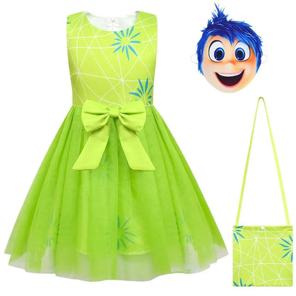 Costume de cosplay Vice-versa Joie de haute qualité, robe de princesse avec nœud, perruque/masque, pour filles, Halloween, carnaval, anniversaire, film, costume de Dégoût