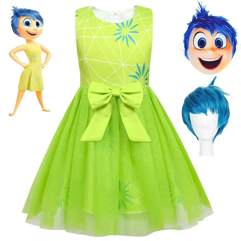 Disfraz de Cosplay de Alta Calidad de Alegría de Inside Out, Vestido de Princesa con Lazo, Peluca/Máscara, Vestido de Disfraz de Asco de la Película para Niñas, Halloween, Carnaval, Cumpleaños
