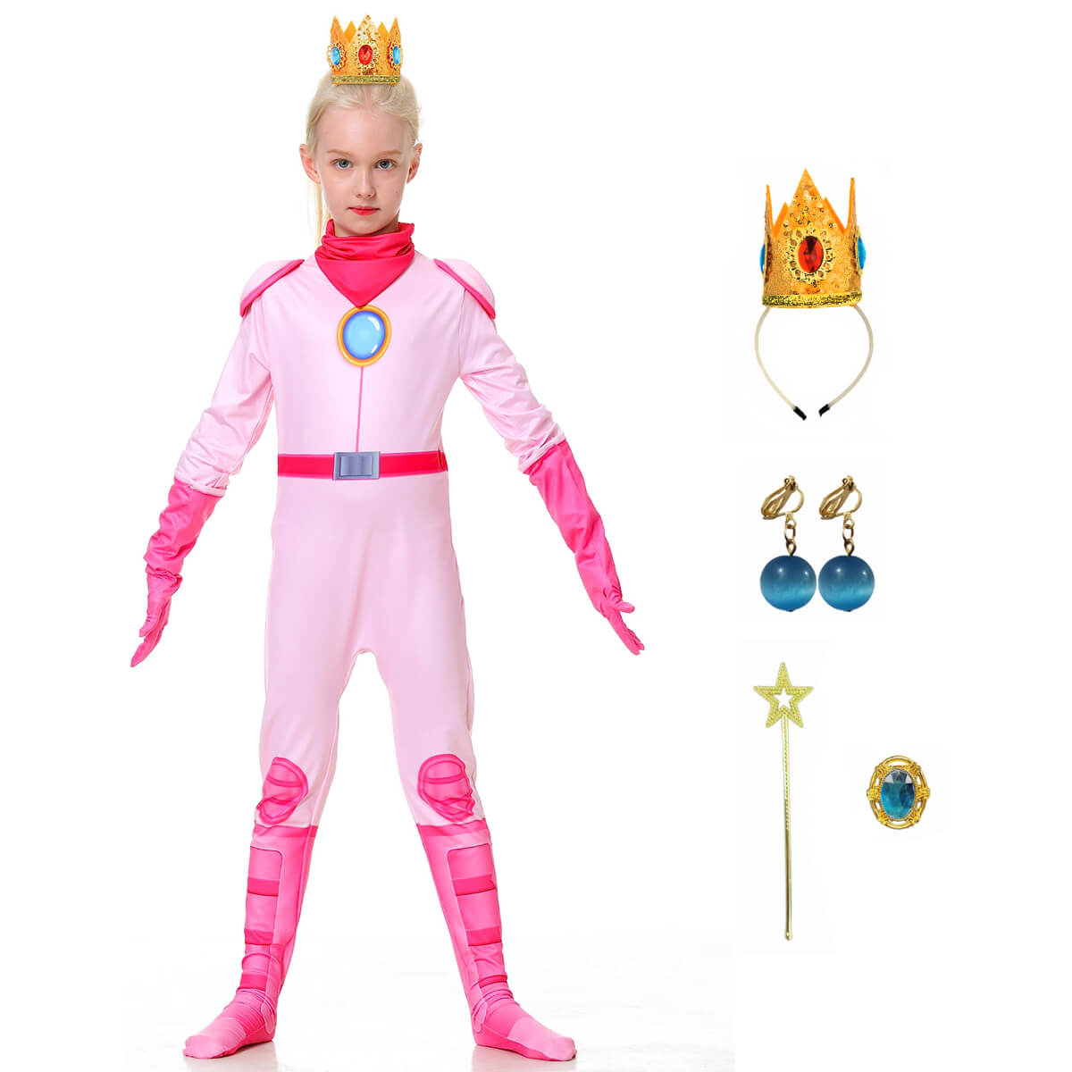 Peach Costume Girls Princess Outfit Super Brother Jumpsuit with Crown Gloves for Halloween Party
