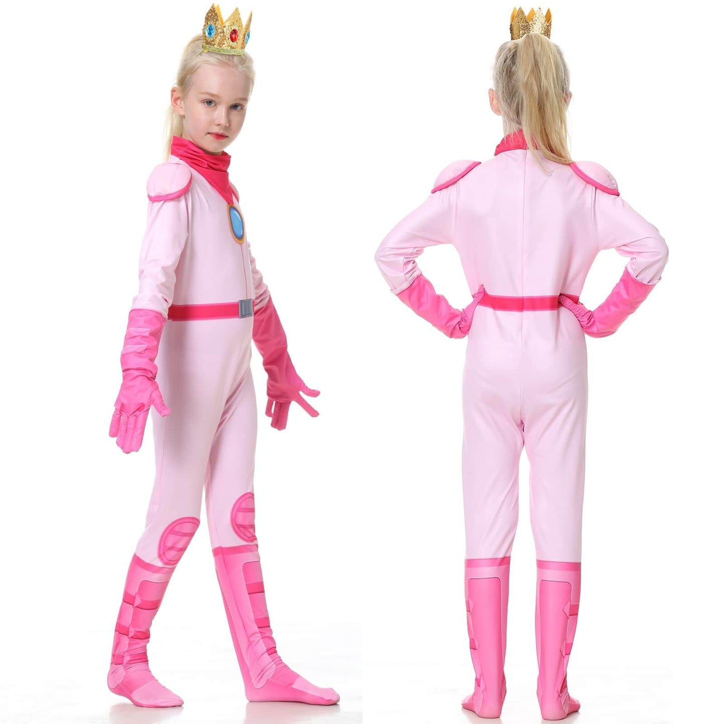 Peach Costume Girls Princess Outfit Super Brother Jumpsuit with Crown Gloves for Halloween Party