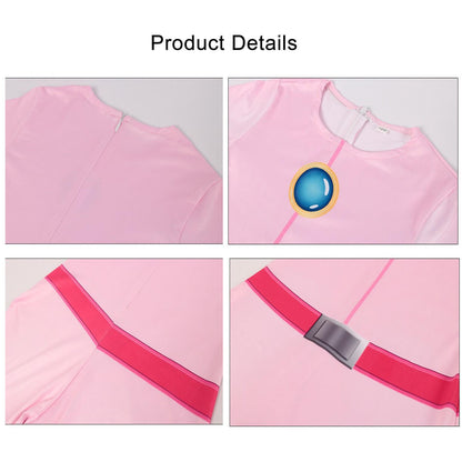 Peach Costume Girls Princess Outfit Super Brother Jumpsuit with Crown Gloves for Halloween Party