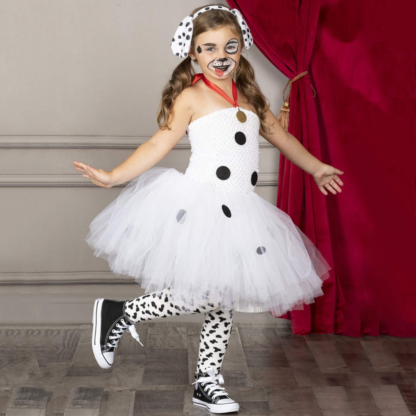 Childrens Cruella Costume Girls White Polka Dot Tutu Dress with Headband