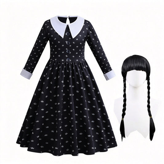 Girls Wednesday Floral Dress with Wig Halloween Cosplay Set