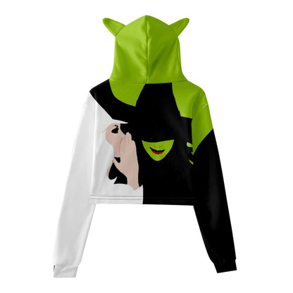 Wicked Elphaba Cat Ears Crop Top Hoodie Women Long Sleeve Green Pullovers