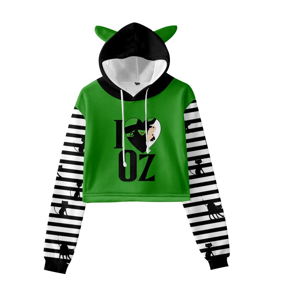 Wicked Elphaba Cat Ears Crop Top Hoodie Women Long Sleeve Green Pullovers