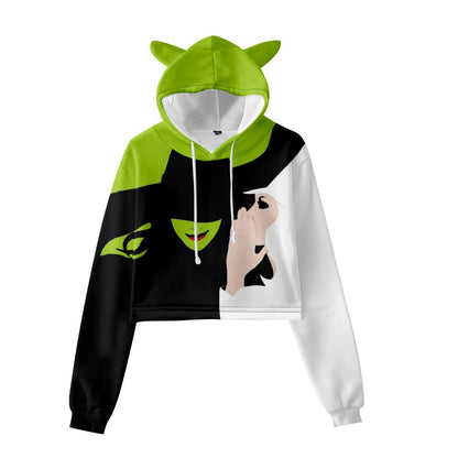 Wicked Elphaba Cat Ears Crop Top Hoodie Women Long Sleeve Green Pullovers