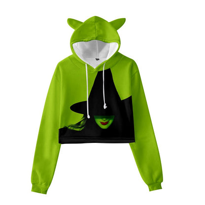 Wicked Elphaba Cat Ears Crop Top Hoodie Women Long Sleeve Green Pullovers