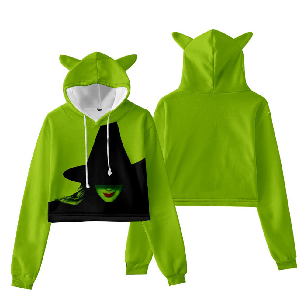 Wicked Elphaba Cat Ears Crop Top Hoodie Women Long Sleeve Green Pullovers