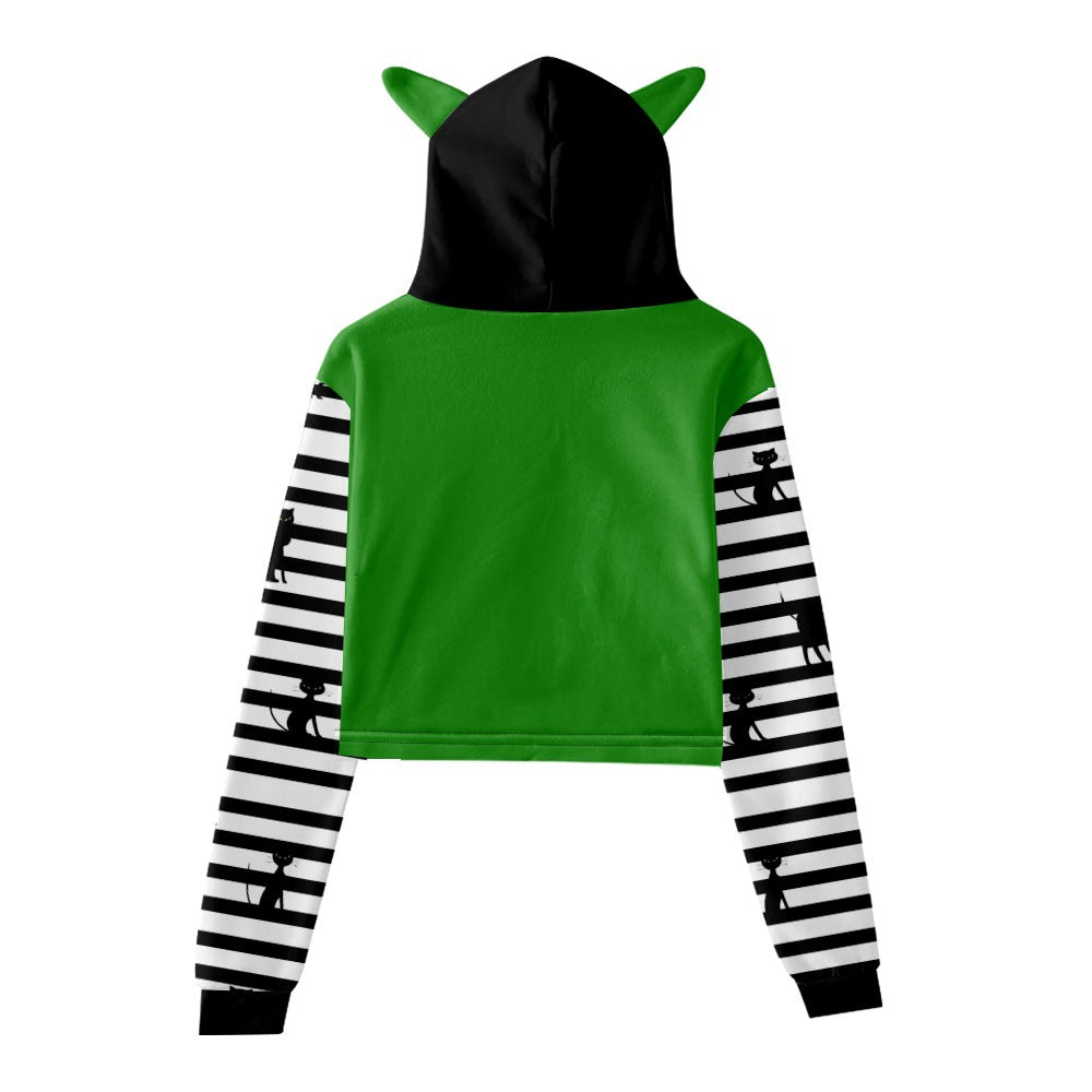 Wicked Elphaba Cat Ears Crop Top Hoodie Women Long Sleeve Green Pullovers