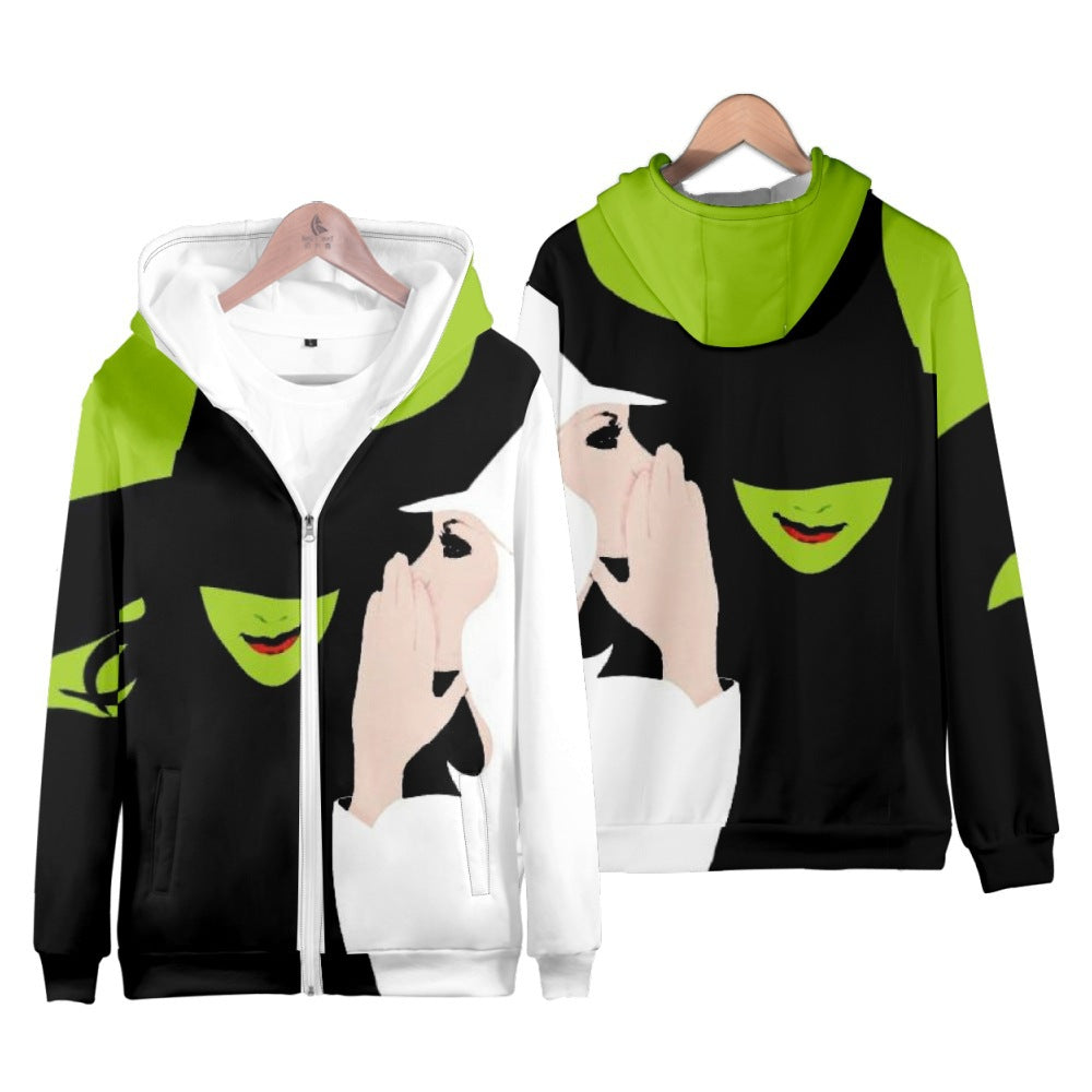 Sudadera con capucha y cremallera Wicked Elphaba verde, buena bruja, para niños y adultos, Wicked, para uso diario, cosplay, de manga larga