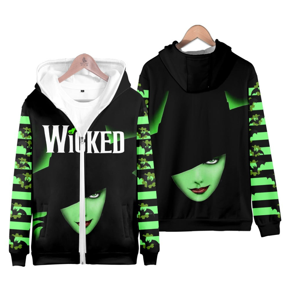 Sudadera con capucha y cremallera Wicked Elphaba verde, buena bruja, para niños y adultos, Wicked, para uso diario, cosplay, de manga larga