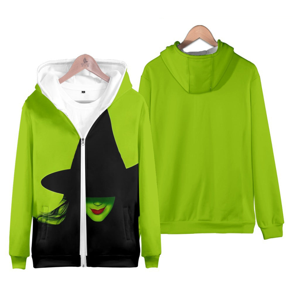 Sudadera con capucha y cremallera Wicked Elphaba verde, buena bruja, para niños y adultos, Wicked, para uso diario, cosplay, de manga larga
