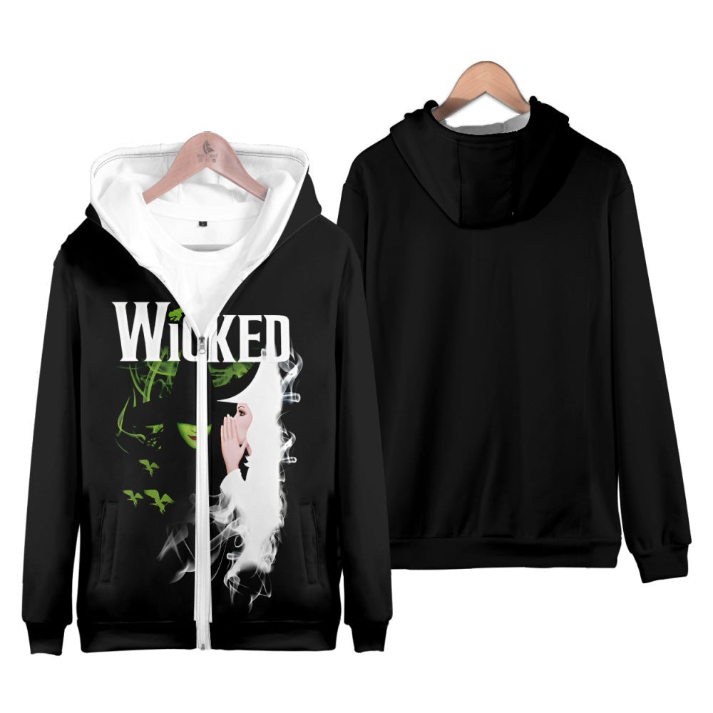 Sudadera con capucha y cremallera Wicked Elphaba verde, buena bruja, para niños y adultos, Wicked, para uso diario, cosplay, de manga larga