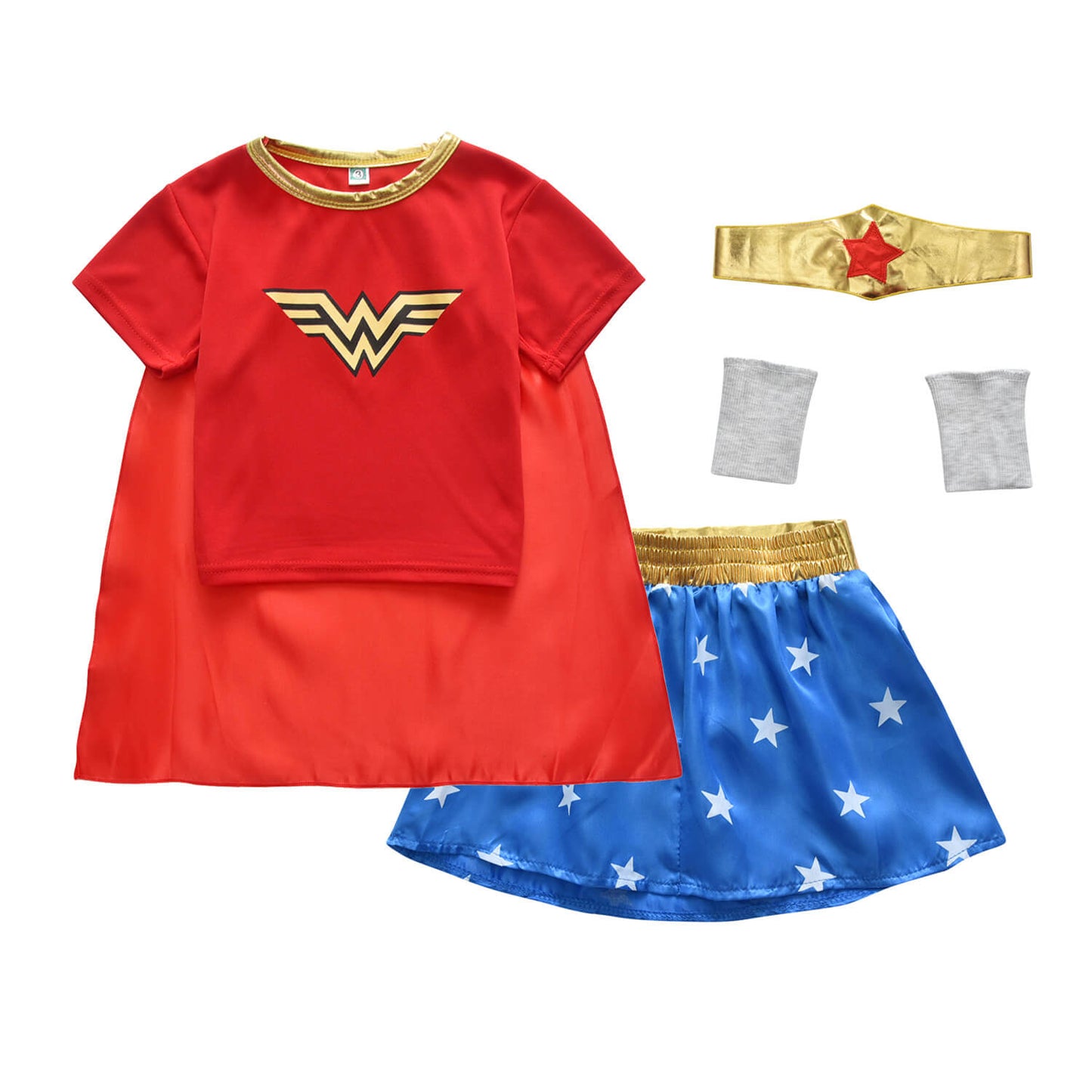 Ensemble 4 pièces pour filles : T-shirt, jupe, bandeau et cape Wonder Woman