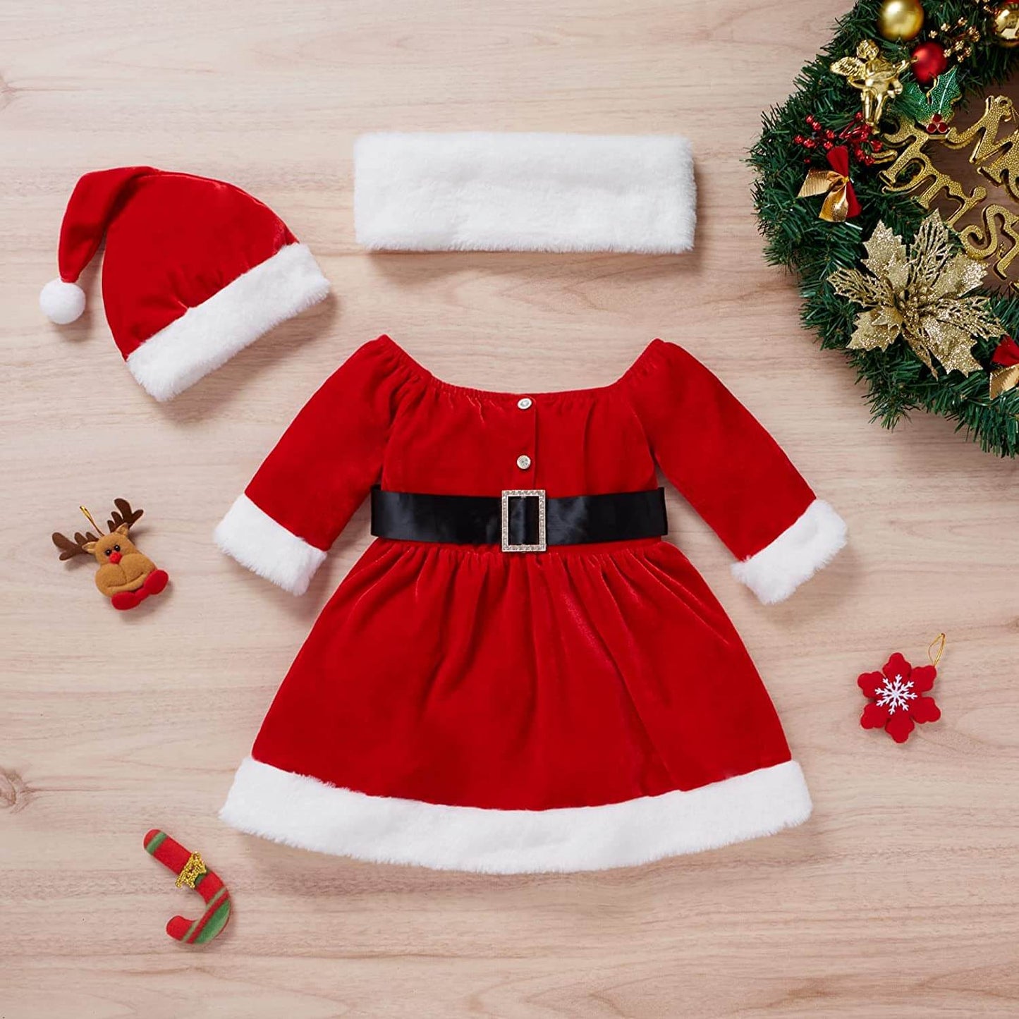 Tenue de Noël pour bébé fille - Robe rouge à manches longues et chapeau, motif Père Noël