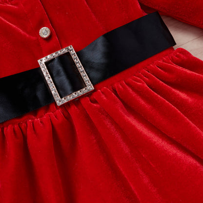 Tenue de Noël pour bébé fille - Robe rouge à manches longues et chapeau, motif Père Noël