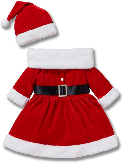 Tenue de Noël pour bébé fille - Robe rouge à manches longues et chapeau, motif Père Noël