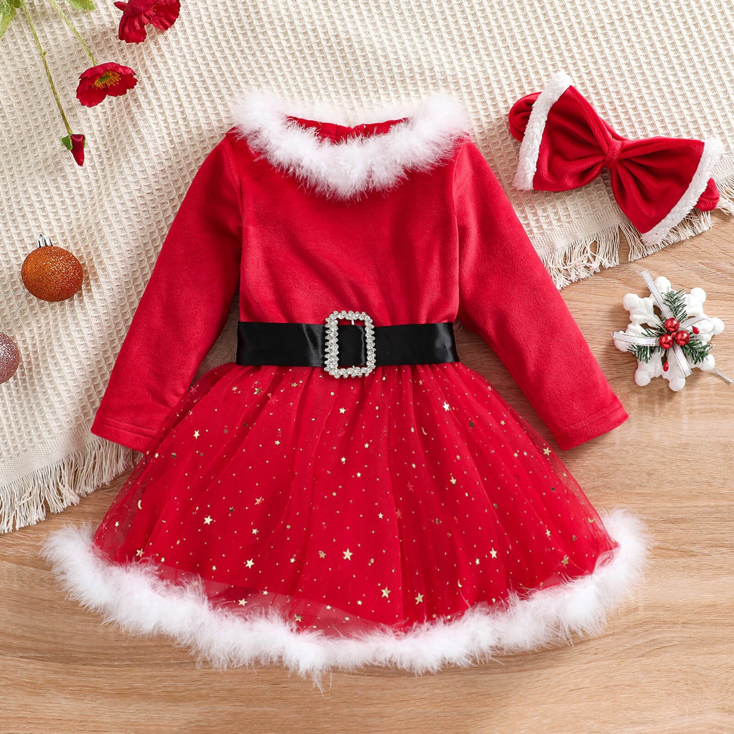 Bébé Fille Robe Père Noël Rouge Manches Longues Hiver avec Coiffe