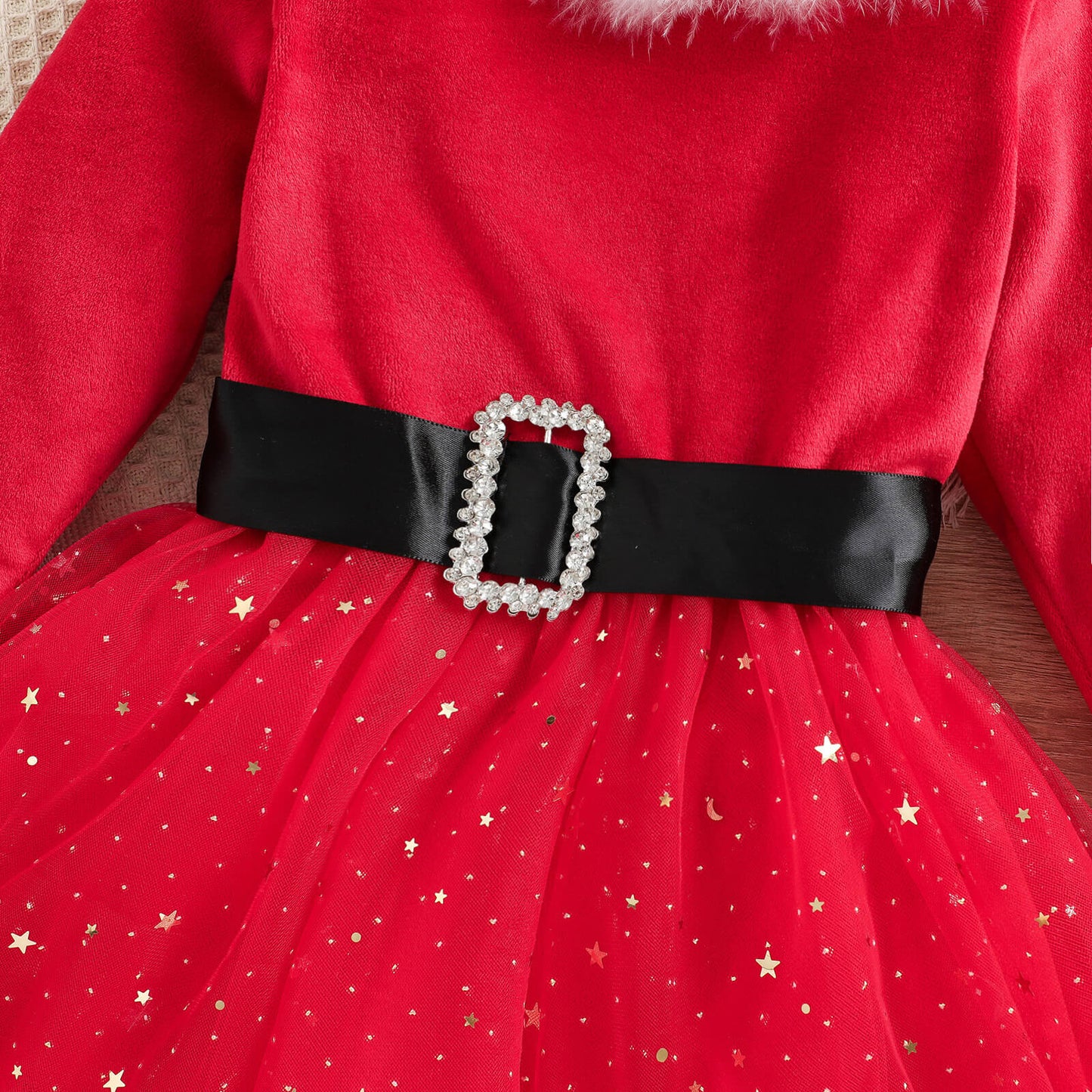 Bébé Fille Robe Père Noël Rouge Manches Longues Hiver avec Coiffe