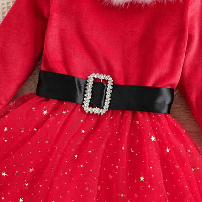Bébé Fille Robe Père Noël Rouge Manches Longues Hiver avec Coiffe