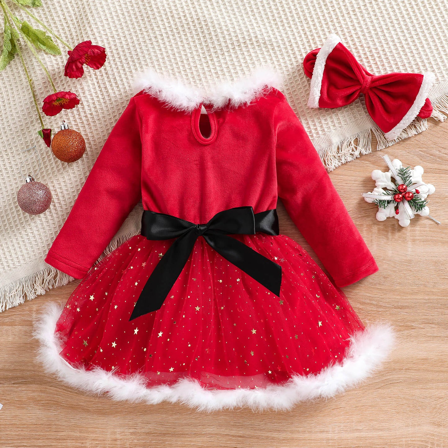 Bébé Fille Robe Père Noël Rouge Manches Longues Hiver avec Coiffe