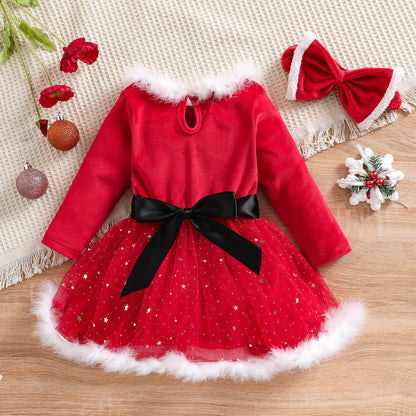 Bébé Fille Robe Père Noël Rouge Manches Longues Hiver avec Coiffe