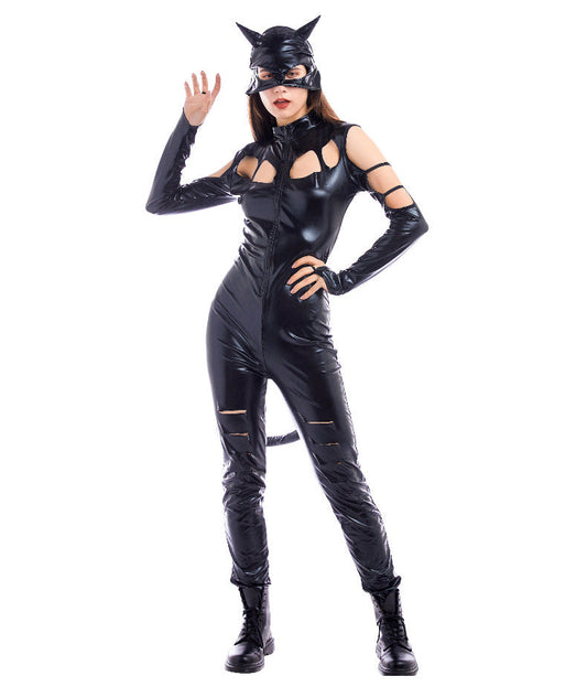 Women Sexy Leather Sexy Cat Girl Cosplay Outfit Super Heroine Fullbody Black Cat Costume