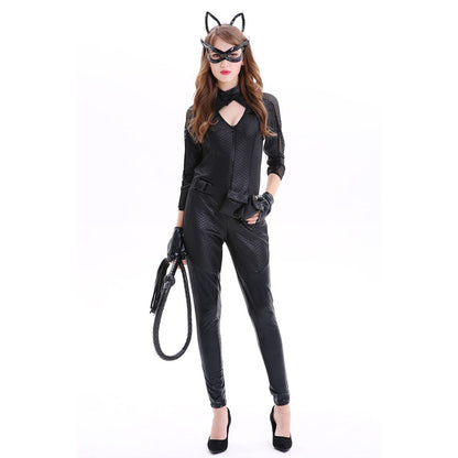 Sexy Women Catsuit Role Dance Black Cat Costume Jumpsuit with Mask and Whip