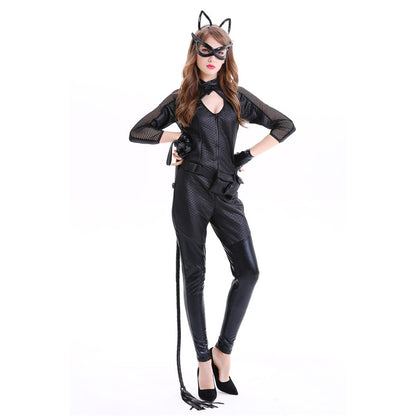 Sexy Women Catsuit Role Dance Black Cat Costume Jumpsuit with Mask and Whip