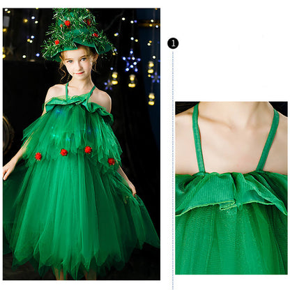 Girls Green Christmas Tree Dress with Hat Elf Christmas Costume Full Set for Kids Teens