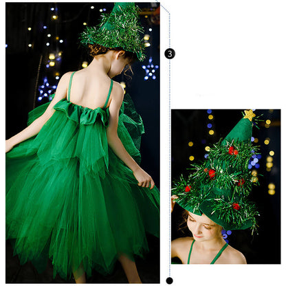 Girls Green Christmas Tree Dress with Hat Elf Christmas Costume Full Set for Kids Teens