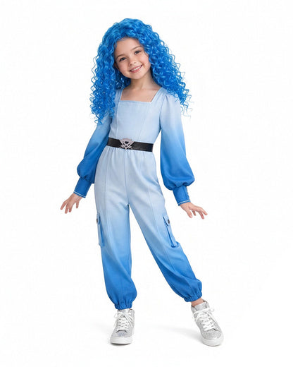Girls Women Princess Chloe Costume Movie 5 Blue Ombre Jumpsuit with Belt for Cosplay Party