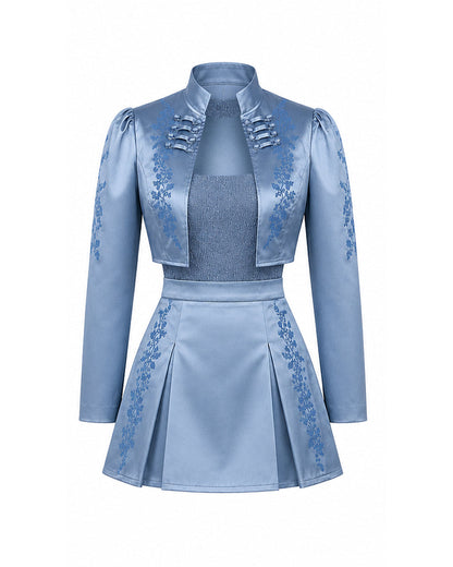 Princess Chloe Dress Royal Blue Satin 4-Piece Set Jacket Inner Top Pleated Skirt and Underskirt for Theme Party