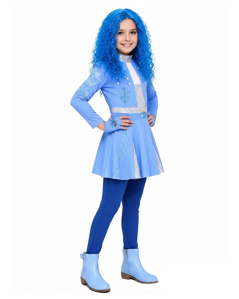 Girls Princess Chloe Costume Blue 2-in-1 Dress with Gloves and Wig for Cosplay Carnival 4-12Y