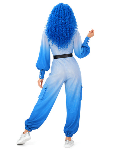 Girls Women Princess Chloe Costume Movie 5 Blue Ombre Jumpsuit with Belt for Cosplay Party