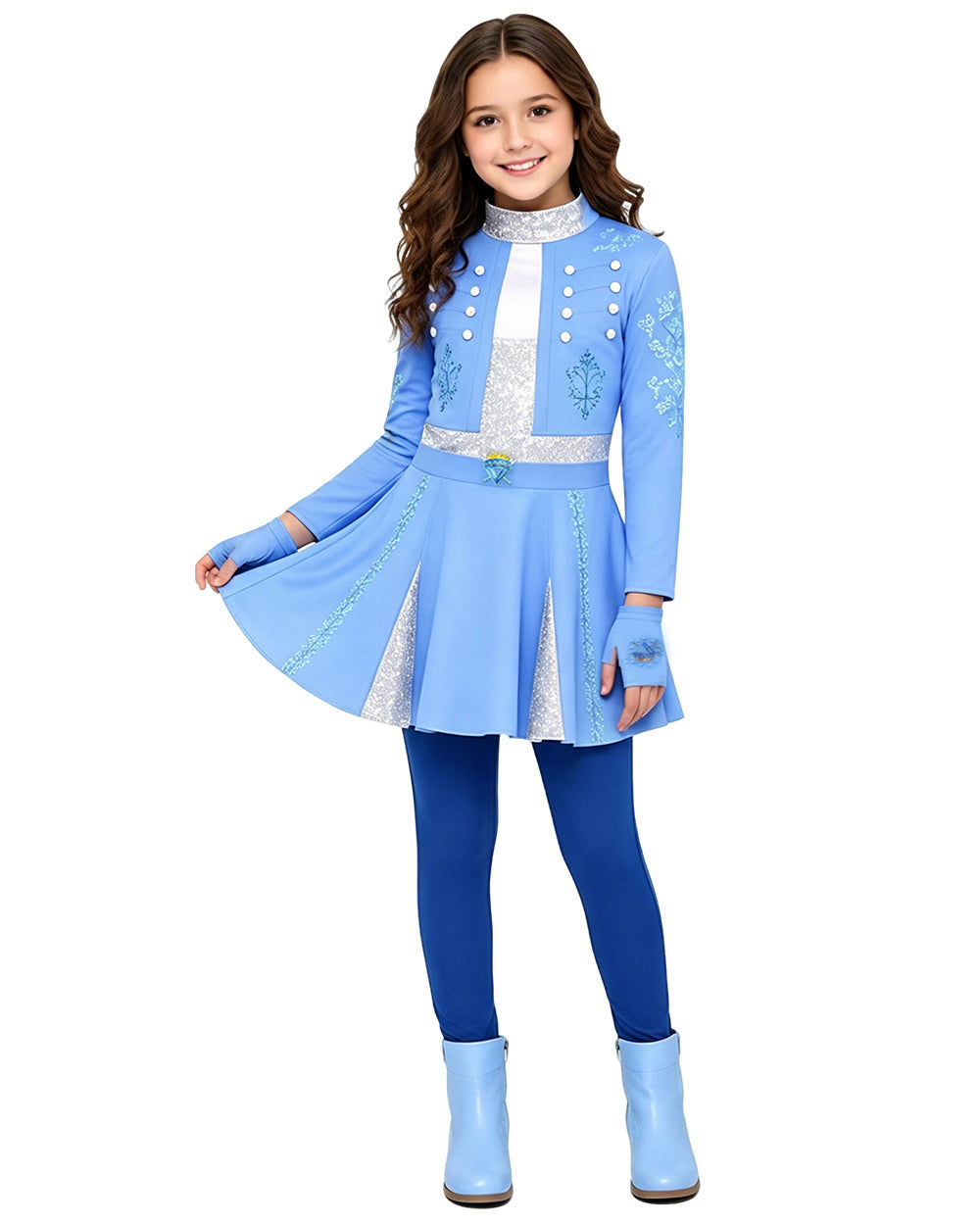 Girls Princess Chloe Costume Blue 2-in-1 Dress with Gloves and Wig for Cosplay Carnival 4-12Y