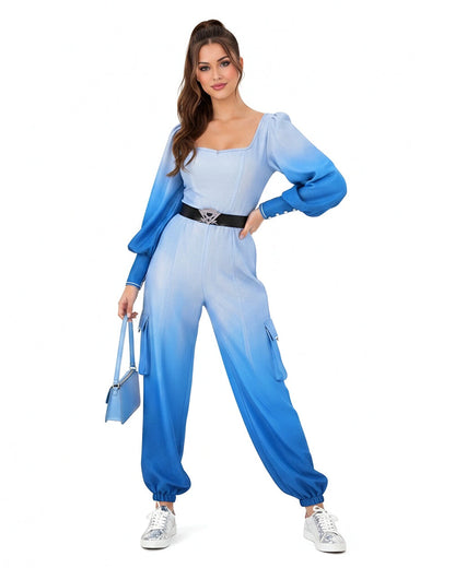 Girls Women Princess Chloe Costume Movie 5 Blue Ombre Jumpsuit with Belt for Cosplay Party